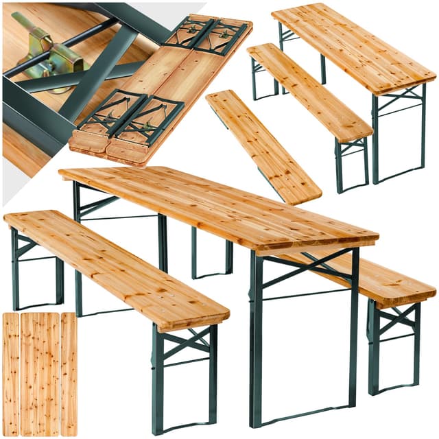 tectake® Bierzeltgarnitur klappbar, Biertisch Klapptisch mit 2X Bierbank, Gartenmöbel Set, Camping Zubehör, Klapptisch Esstisch, Camping Tisch faltbar, Balkontisch, Campingtisch klappbar Bierzeltgarnitur Klappbar - Tisch Größe: 170 X 46 X 77 Cm