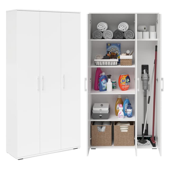 Bellamio Apol Mehrzweckschrank Weiß – Besenschrank 90 cm breit mit Stauraum – Putzschrank mit Staubsaugerfach – Vorratsschrank Küche - Aktenschrank aus Holz - Flurschrank – Aufbewahrungsschrank Weiß Besen- und Aktenschrank