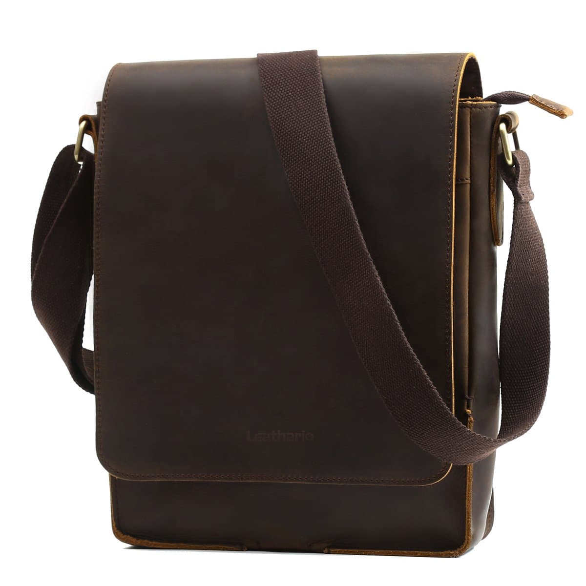 Leathario Herren Umhängetasche Schultertasche Leder 9.7Zoll Ipad mit 5 Steckfächern 25 x 7 x 31 cm für Alltage Freizeit Dunkelbraun671