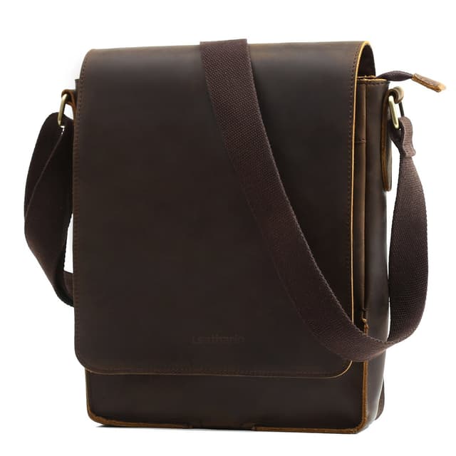 Leathario Herren Umhängetasche Schultertasche Leder 9.7Zoll Ipad mit 5 Steckfächern 25 x 7 x 31 cm für Alltage Freizeit Dunkelbraun671