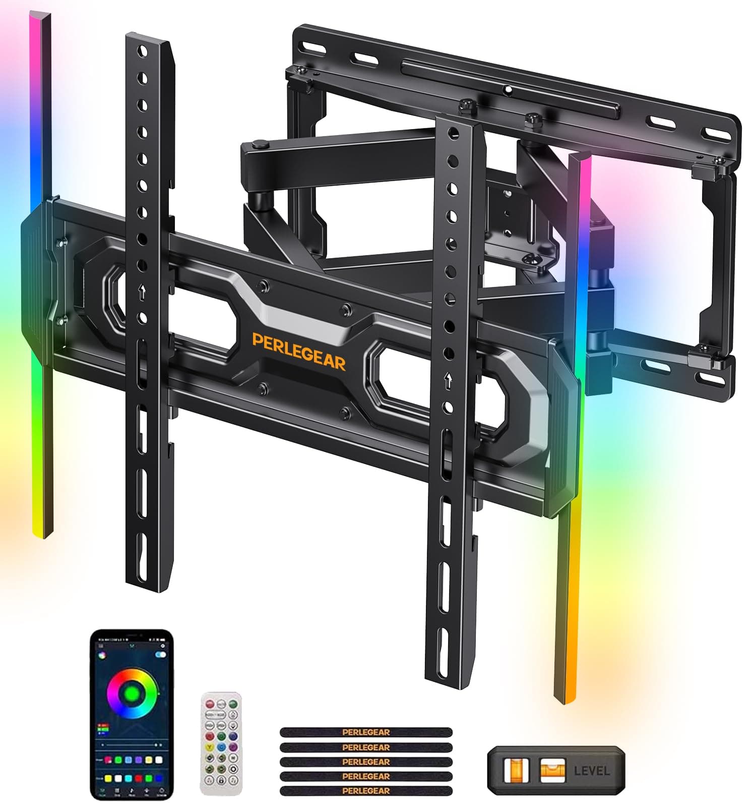 Perlegear TV Wandhalterung für 26-65 Zoll TVs bis 45 kg, LED-Hintergrundbeleuchtung mit Musik-Synchronisation, Max VESA 400x400mm mit Schwenk, Erweiterungs und Neigefunktion PGMF20