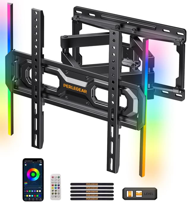 Perlegear TV Wandhalterung für 26-65 Zoll TVs bis 45 kg, LED-Hintergrundbeleuchtung mit Musik-Synchronisation, Max VESA 400x400mm mit Schwenk, Erweiterungs und Neigefunktion PGMF20