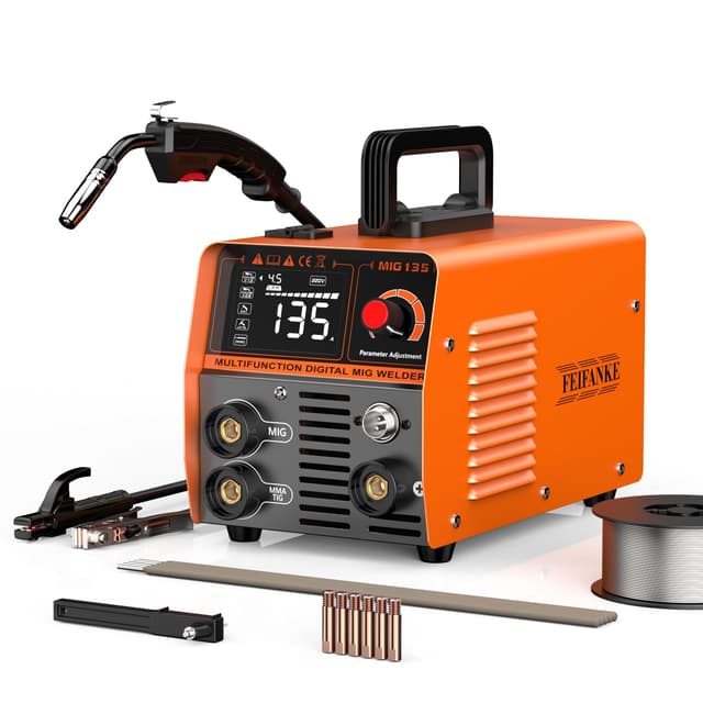 FEIFANKE MIG135 Fülldraht Schweißgerät Ohne Gas 135A 230V Synergie Elektroden Schweißgerät 3 in 1 MIG/ARC/Lift TIG IGBT Inverter Schweissgerät Mit 1.0mm Draht,MIG Schweißpistole