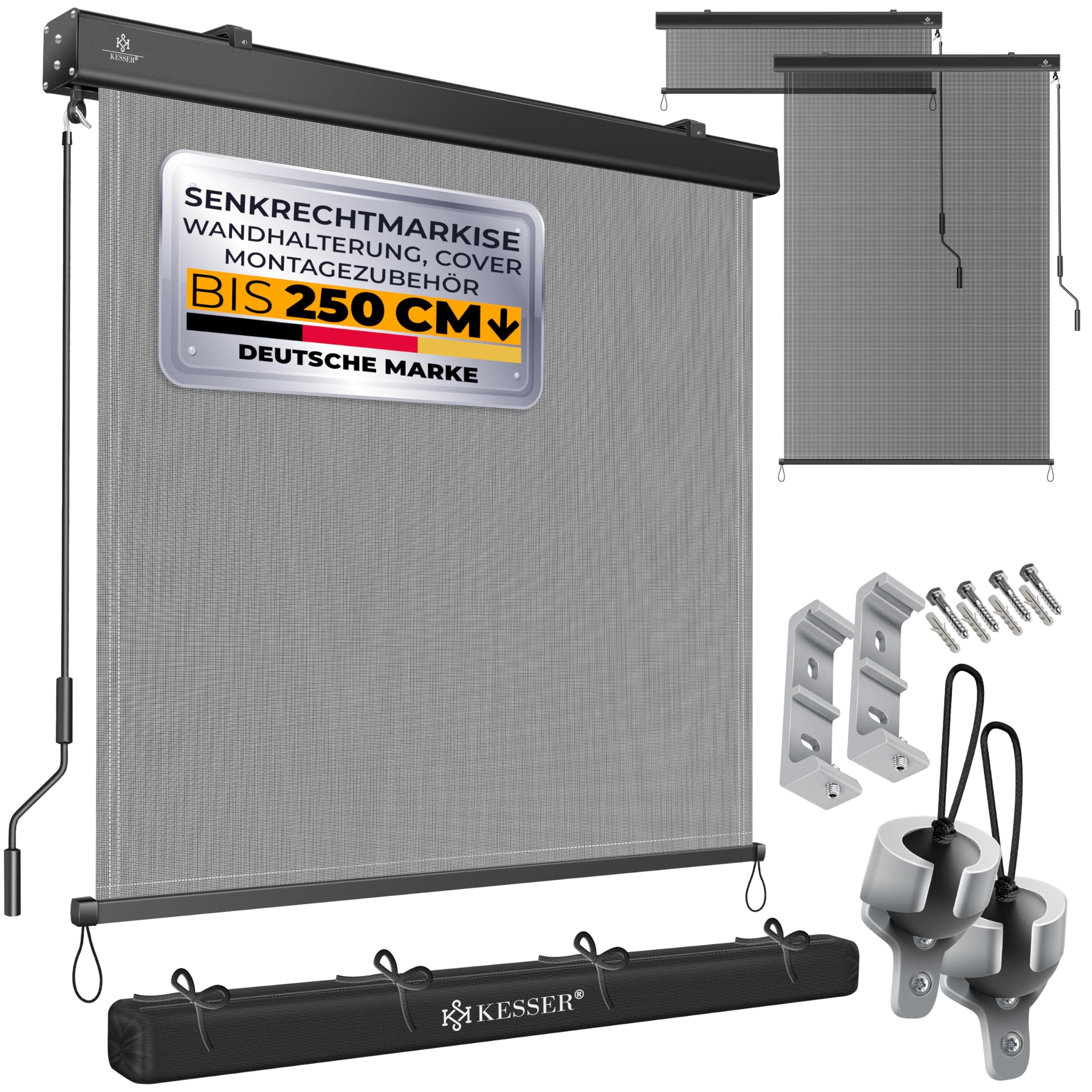 KESSER® Senkrechtmarkise 200x250cm Außenrollo Handkurbelmechanismus Balkonrollo Sonnen-und Sichtschutz Beschattung Sonnenschutz mit Kurbel Markisenkasten Balkon & Terrasse inkl Montageset & Abdeckung 200 x 250cm Transparent / Anthrazit