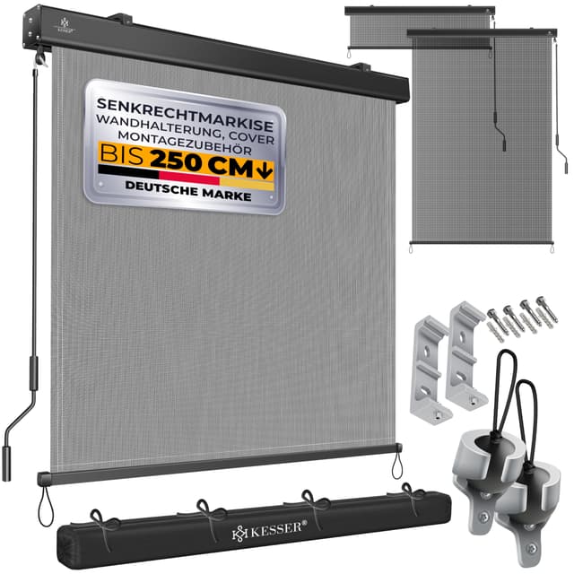 KESSER® Senkrechtmarkise 200x250cm Außenrollo Handkurbelmechanismus Balkonrollo Sonnen-und Sichtschutz Beschattung Sonnenschutz mit Kurbel Markisenkasten Balkon & Terrasse inkl Montageset & Abdeckung 200 x 250cm Transparent / Anthrazit