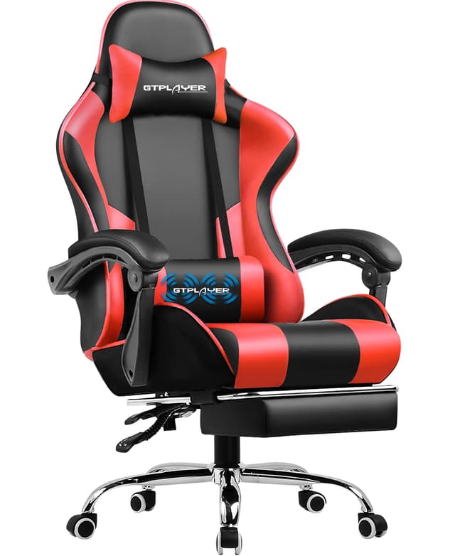 GTPLAYER Gaming Stuhl Bürostuhl Massage Gaming Sessel Ergonomischer Gamer Stuhl mit Fußstütze, Kopfstütze Massage-Lendenkissen, Gepolstert Gaming Chair, Drehsessel, rot Rot Kunstleder