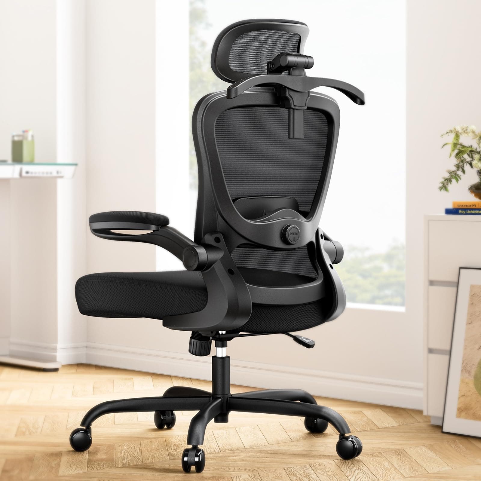 Marsail ergonomischer Bürostuhl mit 3D-Kopfstütze & 3D-Lendenstütze, Schreibtischstuhl ergonomisch mit Flip-Up Armlehnen, 90°–120° Kippverriegelung und dickem Sitzkissen, bis 136 kg belastbar Schwarz