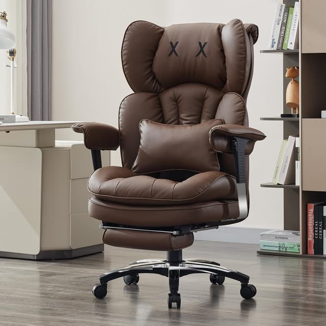 Efomao Bürostuhl, X-Stickerei Big and Tall Stuhl aus PU Leder für Zuhause, Verstellbarer Hochlehner Computer Gaming Stuhl, 200kg drehbarer Chefsessel mit Fußstütze und Lendenwirbelstütze, Braun 3070eu-brown