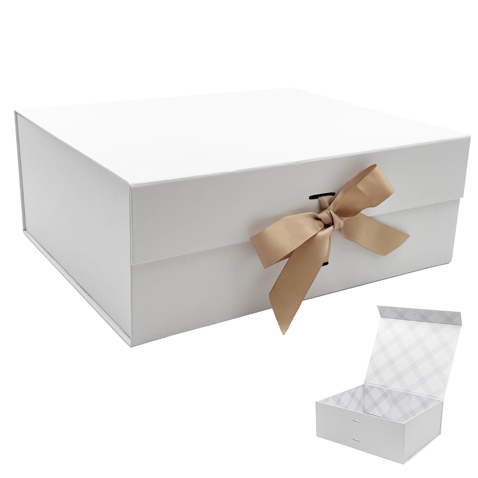 Tekhoho Weiß große Geschenkbox 33.5x27x12.5 cm, Premium Geschenkbox mit Magnetverschluss und Geschenkband für Feiertage Hochzeit Geburtstag Geschenkverpackung, kariertes Innenfutter 33.5x27x12.5cm-Weiß 1 stück (1er Pack)