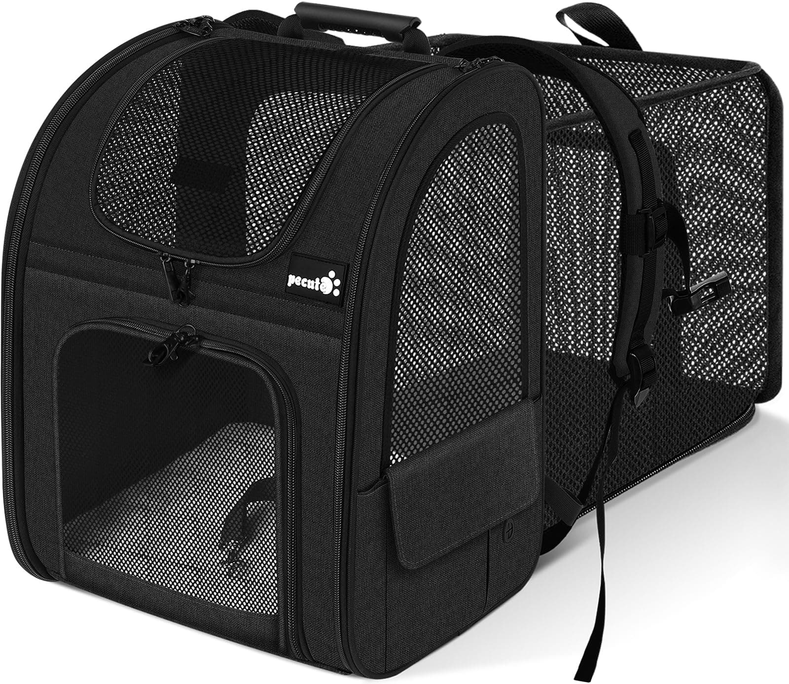 pecute Hunderucksack Erweiterbar XL für 6-10 kg, Faltbar Katzenrucksack Katzen mit Anti-offener Reißverschluss, Atmungsaktive Rucksack Hund mit Netz Fenster Grau, für Hunde Katzen Haustiere Schwarz Erweiterbar Mesh (XL)