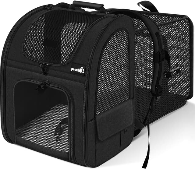 pecute Hunderucksack Erweiterbar XL für 6-10 kg, Faltbar Katzenrucksack Katzen mit Anti-offener Reißverschluss, Atmungsaktive Rucksack Hund mit Netz Fenster Grau, für Hunde Katzen Haustiere Schwarz Erweiterbar Mesh (XL)