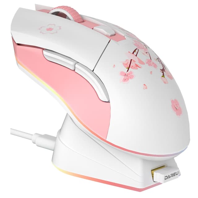 DAREU Sakura Pink Gaming Maus Kabellose mit Magnetic Charging Dock Wiederaufladbar RGB,12K DPI, 7 Programmierbare Tasten, Hochpräziser Sensor 300IPS 1000Hz für PC Notebook Mac Sakura Pink & Charging Dock