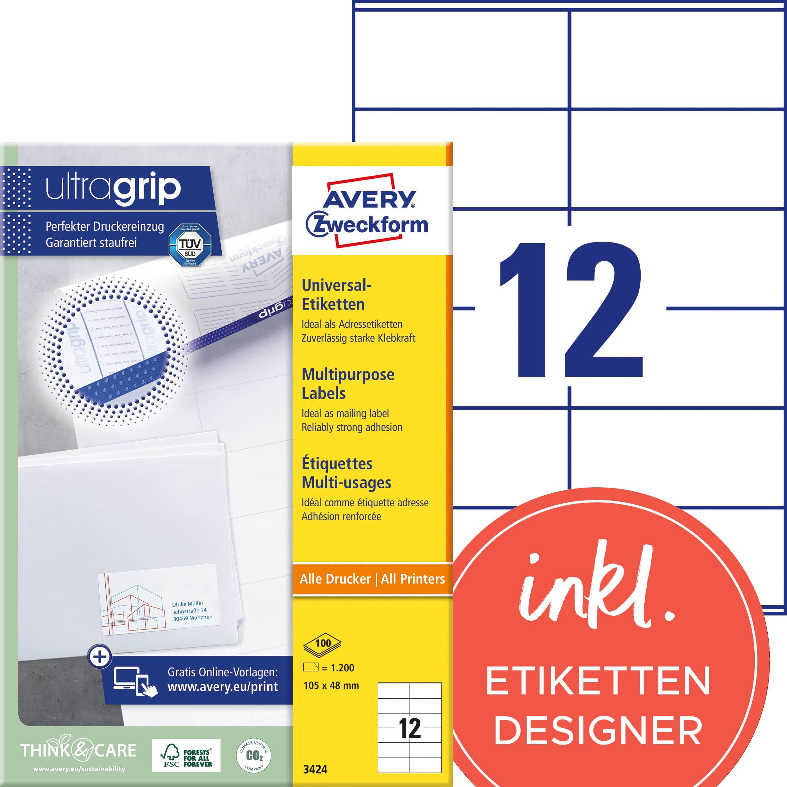 AVERY Zweckform 3424 Adressaufkleber (1.200 Klebeetiketten, 105x48mm auf A4, Papier matt, individuell bedruckbare Absenderetiketten, selbstklebende Adressetiketten mit ultragrip) 100 Blatt, weiß 105x48mm Papier - permanent