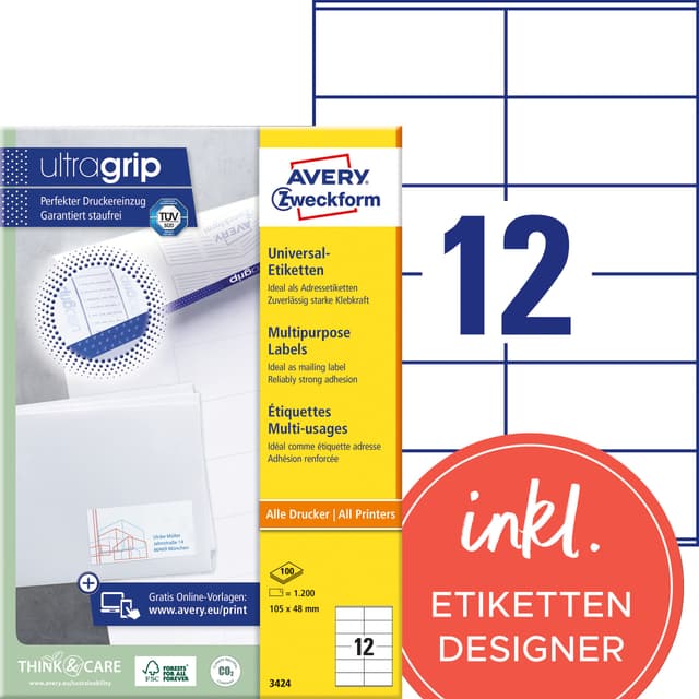 AVERY Zweckform 3424 Adressaufkleber (1.200 Klebeetiketten, 105x48mm auf A4, Papier matt, individuell bedruckbare Absenderetiketten, selbstklebende Adressetiketten mit ultragrip) 100 Blatt, weiß 105x48mm Papier - permanent