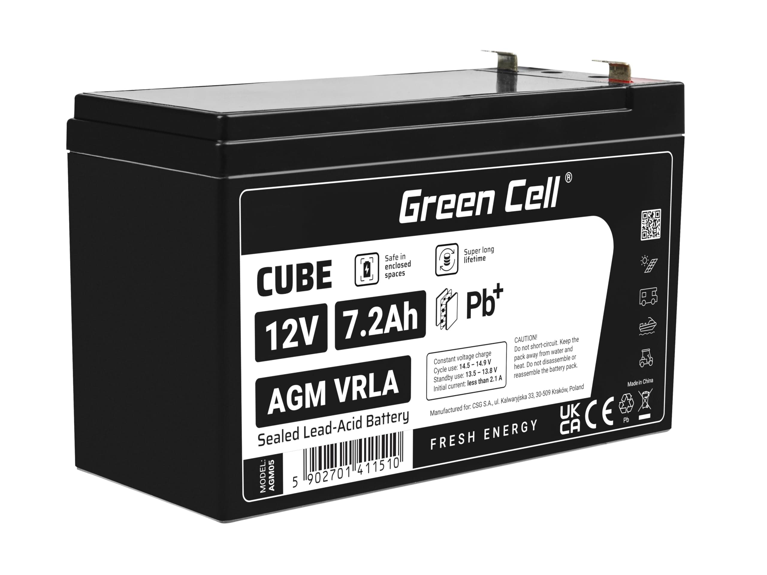 Green Cell® AGM 12V 7,2Ah Akku Vlies Batterie VRLA Blei Batterie Bleiakku Ersatzakku Akkubatterie Versorgungsbatterie Zyklenfest Wartungsfrei UPS USV Notstrom Elektro Spielzeug Alarm Roller 12V 7.2Ah