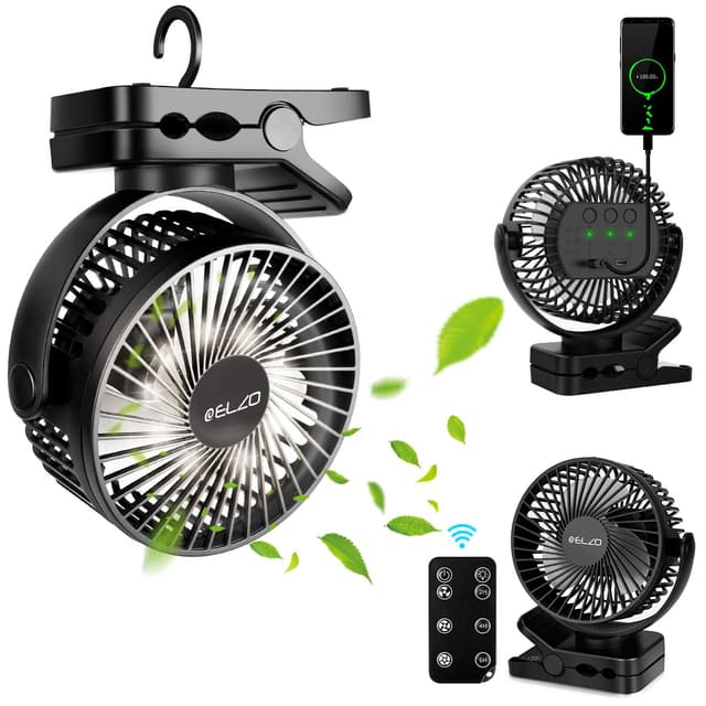 ELZO 12000mAh Camping Ventilator, Wiederaufladbarer Tischventilator USB Mini Ventilator mit LED Licht & Haken, 360° Drehung Leise mit Fernbedienung Schwarz