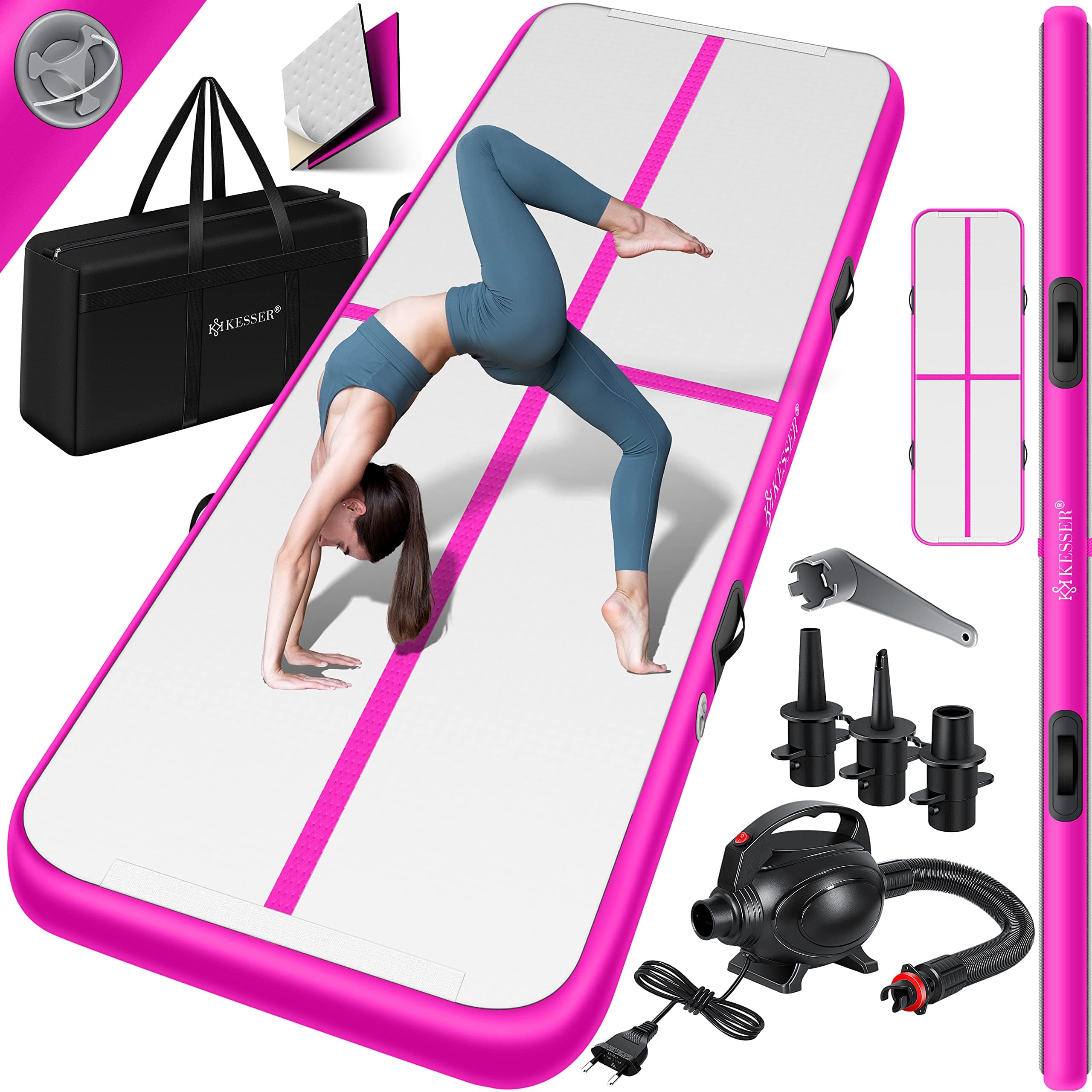 KESSER® Turnmatte Aufblasbar Airtrack 2m/3m/4m/5m/6m Fitness-Matte Gymnastikmatte | inkl. Tragetasche & elektr. Luftpumpe | Yogamatte, Tumbling Matten, Trainingsmatte, Turn- & Fitness Rosa 300 x 100 x 10 cm