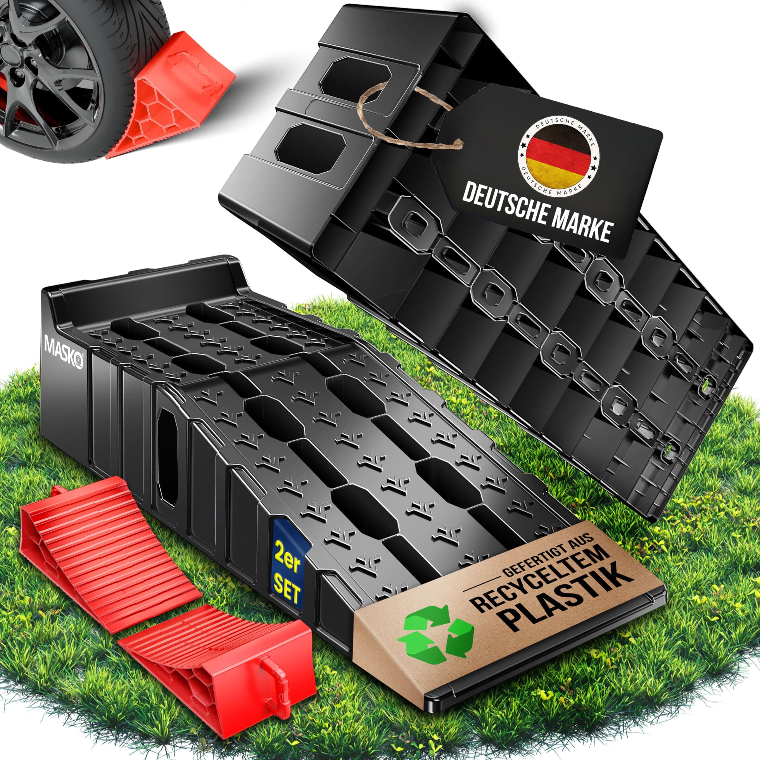 MASKO® Auffahrrampe 2er Set | Auffahrkeile bis 10T Traglast | KFZ-Rampe mit Überfahrschutz | Verladerampe rutschfest, robust und extra breit | Garagenrampen Autorampe Ölwechsel und Reparatur Schwarz