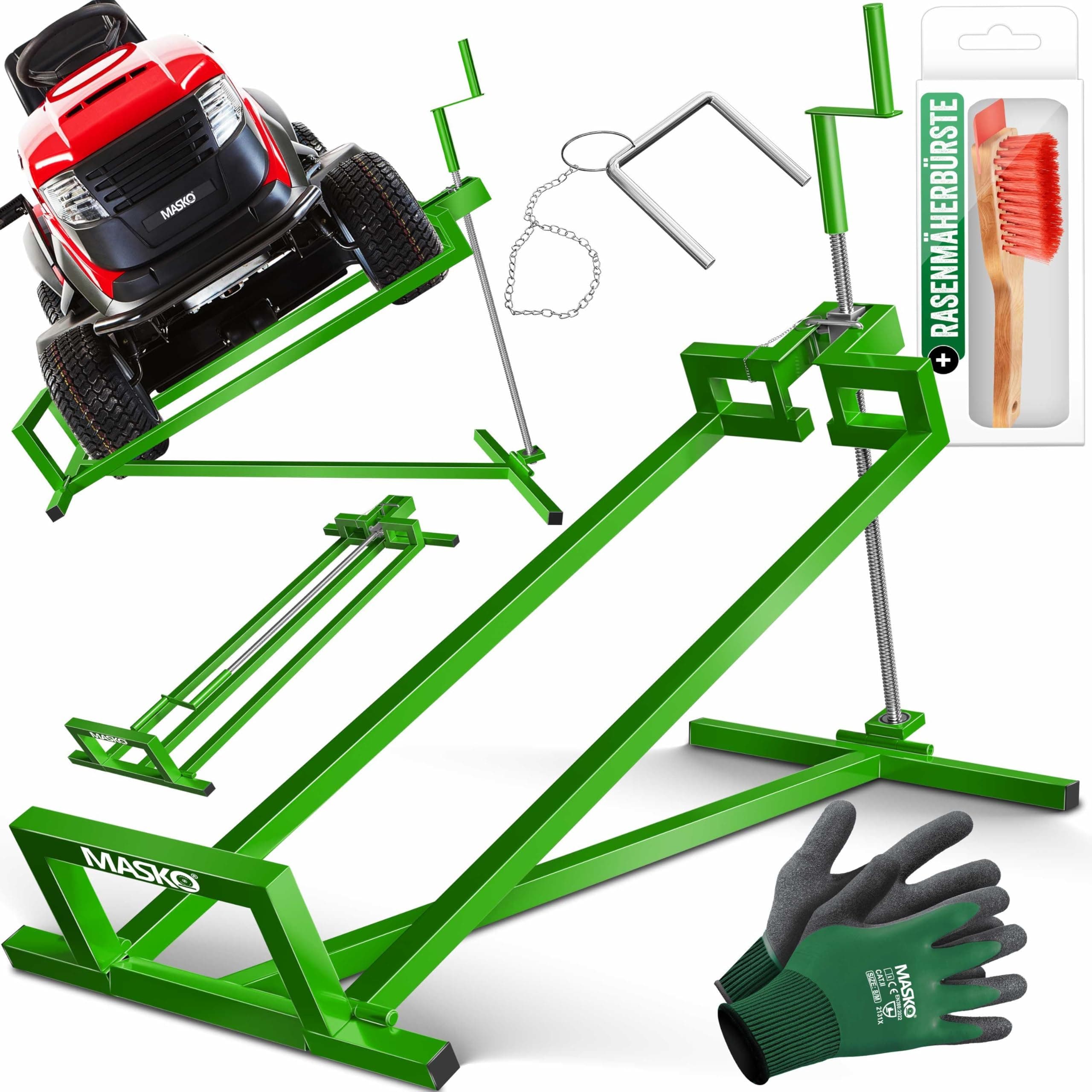 MASKO® XXL Rasentraktorheber 450 kg Hebevorrichtung Hebebühne Aufsitzmäher Reinigungshilfe universal, Rasentraktor-Heber, Rasentraktor +45° Neigung verstellbar inkl. Arbeitshandschuhe & Bürste Grün