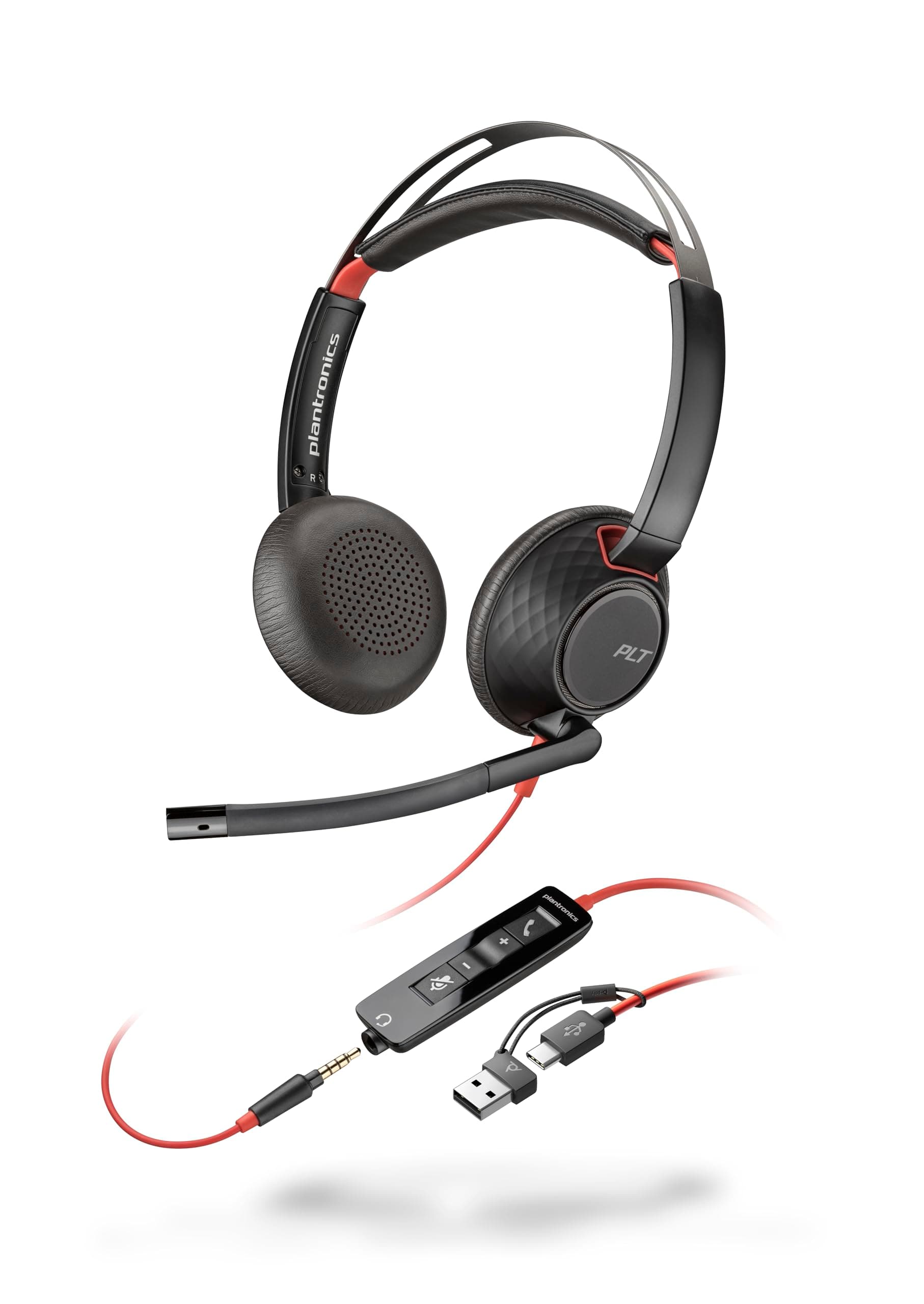 Poly Blackwire 5220 schnurgebundenes Headset, Flexibler Mikrofonarm mit Noise Cancelling, Ergonomisches Design, Verbindung mit PC/Mobilgeräten über USB-C, USB-A oder 3,5 mm, Teams/Zoom kompatibel Version 2024 (USB-C & USB-A)