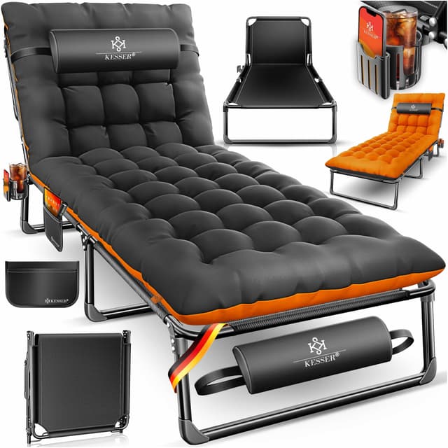 KESSER® Campingbett Feldbett klappbar, 190 x 68 x 30 cm bis 250 kg belastbar, aus Oxford-Gewebe und stabilem Stahlgerüst + Tragetasche, Nackenkissen, Seitentasche & Getränkehalter, ideal für Camping Schwarz / Orange