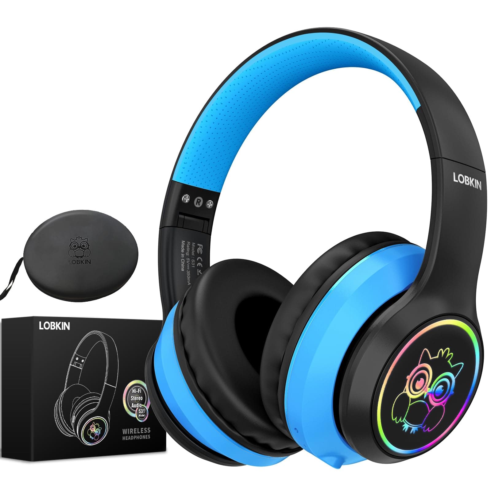 LOBKIN Kinder Kopfhörer mit Tasche, Faltbar Einstellbar Over Ear Kopfhörer für Schule, Reisen - Kabellos und Kabel Bluetooth Schwarz Blau