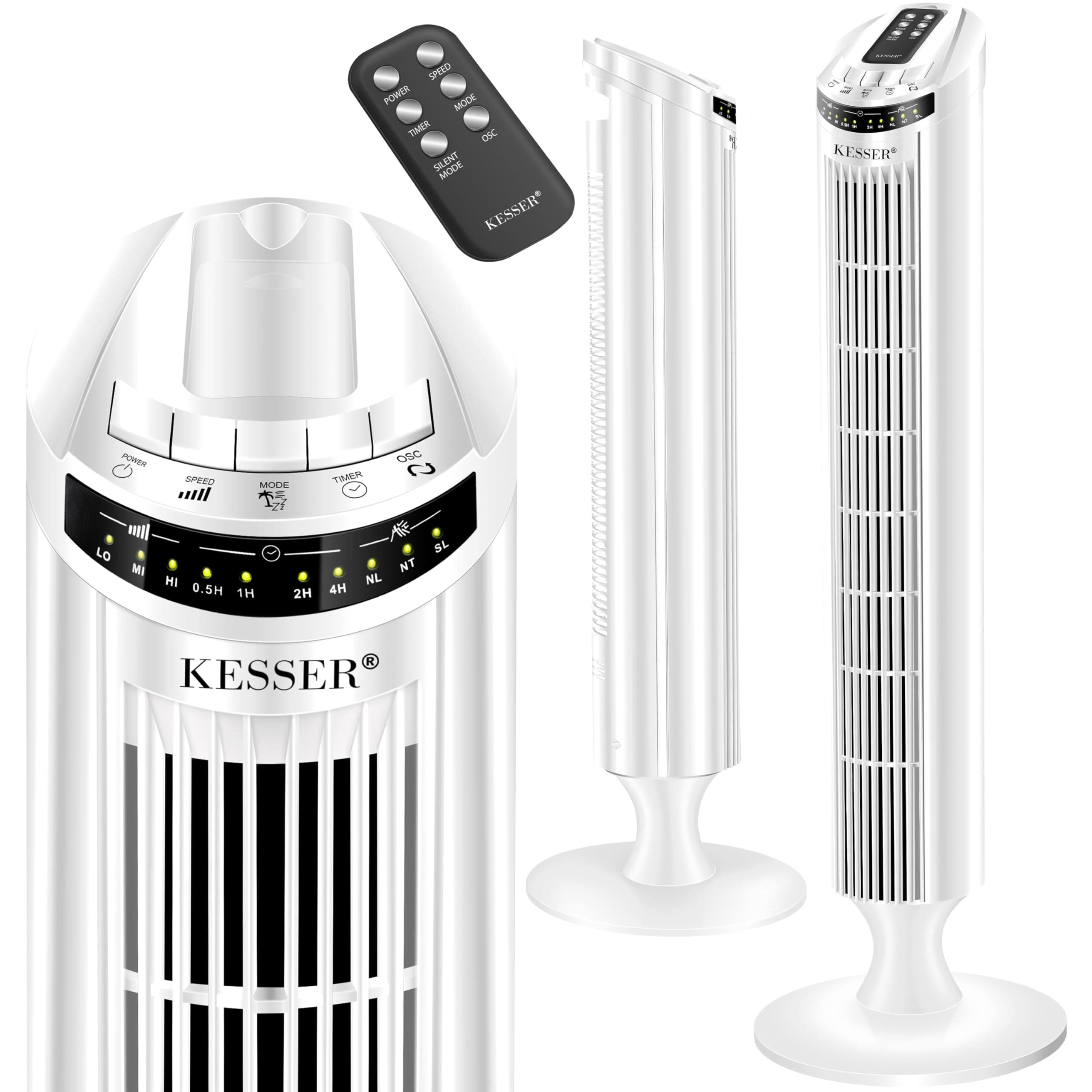 KESSER® Turmventilator mit Fernbedienung | 90° Oszillationswinkel | 3 Stufen | 90 cm |+ Timerfunktion | Turbo-Funktion | Säulenventilator Standventilator Luftkühler Ventilator Towerventilator Weiss