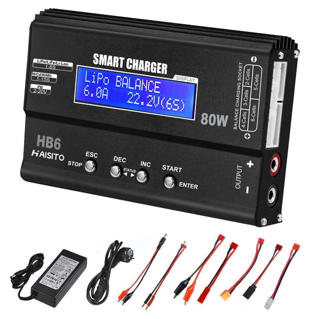 Haisito Lipo Ladegerät 80W 6A Lipo Balancer für LiPo/Li-Ion/Life (1-6S) und NiMH/NiCd (1-15S), RC Akku Ladegerät mit LED-Bildschirm, Netzteil und XT60 / Deans/JST/Futaba-Adapter Schwarz