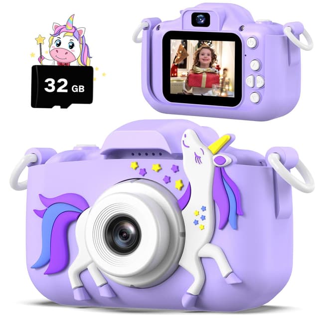 HOOMOON Einhorn Kinderkamera, 1080P HD Selfie Digitalkamera, Niedliche kleine Spielzeug für 3-12 Jahre, 32GB SD-Karte, Purpur Purple
