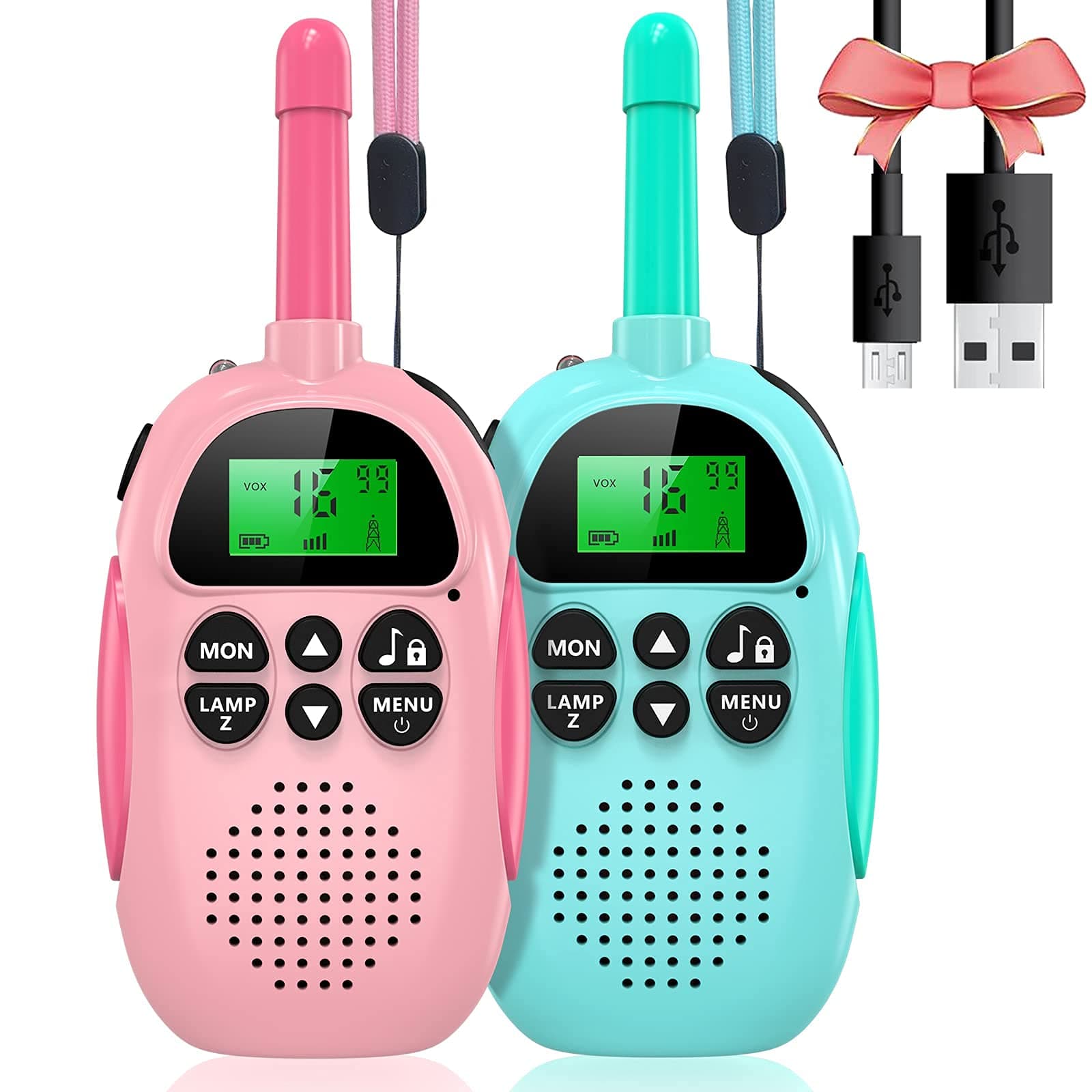ULEWAY Walkie Talkie für Kinder?Wiederaufladbarer funkgerät,3 km Reichweite,Junge Mädchen Spielzeug 4-12+ Jahre 16 Kanäle,Walky Talky für Abenteuer im Freien, Camping, Wandern 2 Stück-Rosa Blau Blau+Rosa