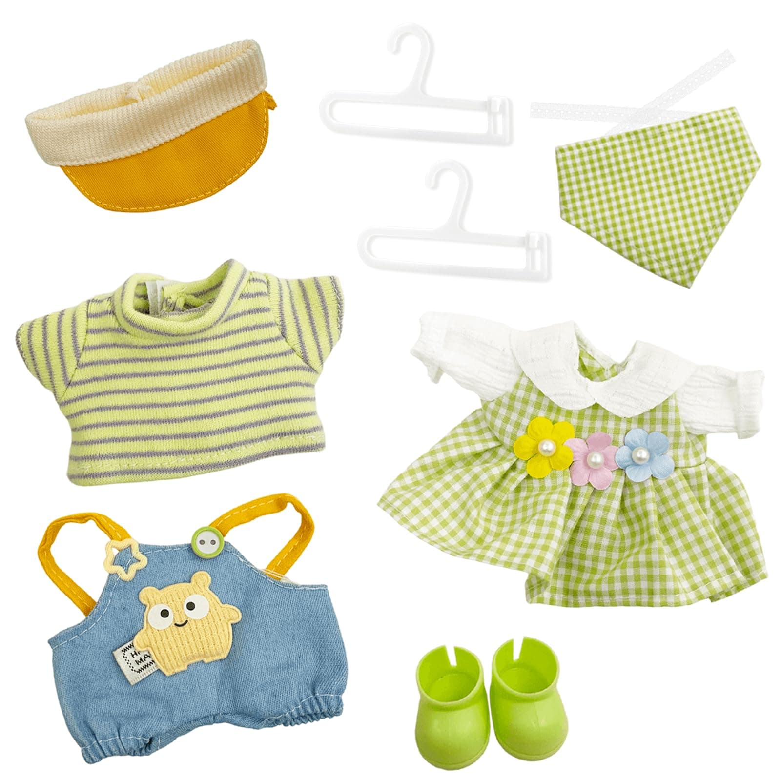 Xerteam Kleidung für 17cm Plüschpuppe, Kopfbedeckung Pullover Hose Brille, Plüsch Puppe Zubehör Kleidungsset, Junge und Mädchen(Ohne Puppe) (Grünes zweiteiliges Set)