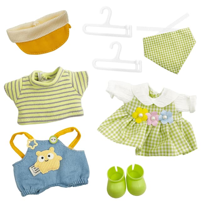Xerteam Kleidung für 17cm Plüschpuppe, Kopfbedeckung Pullover Hose Brille, Plüsch Puppe Zubehör Kleidungsset, Junge und Mädchen(Ohne Puppe) (Grünes zweiteiliges Set)