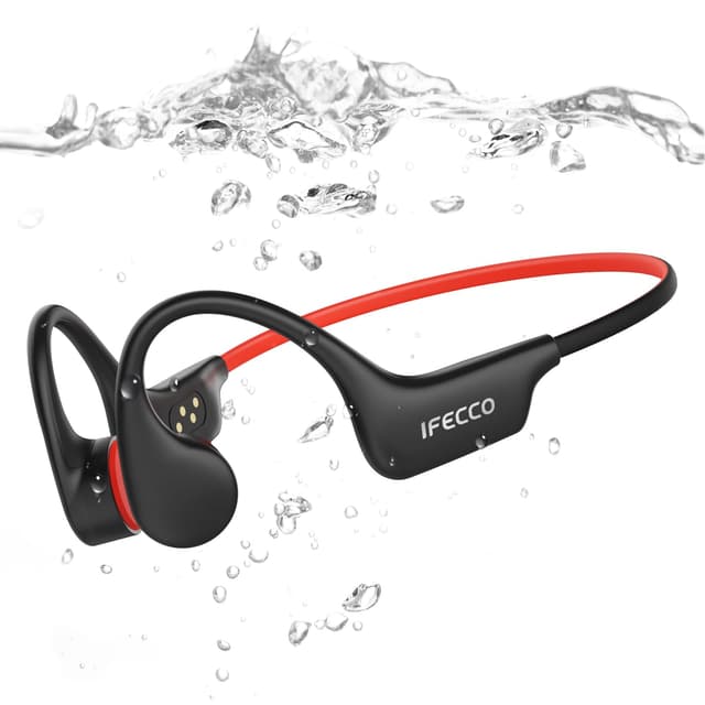 IFECCO Kopfhörer Schwimmen, Knochenschall Kopfhörer Bluetooth 6.0, IP68 wasserdichte Open Ear KopfhöRer mit MP3-Player 8GB Speicher, Unterwasser Sport Kopfhörer für Schwimmen Laufen Fahrrad Surfen schwarz / rot