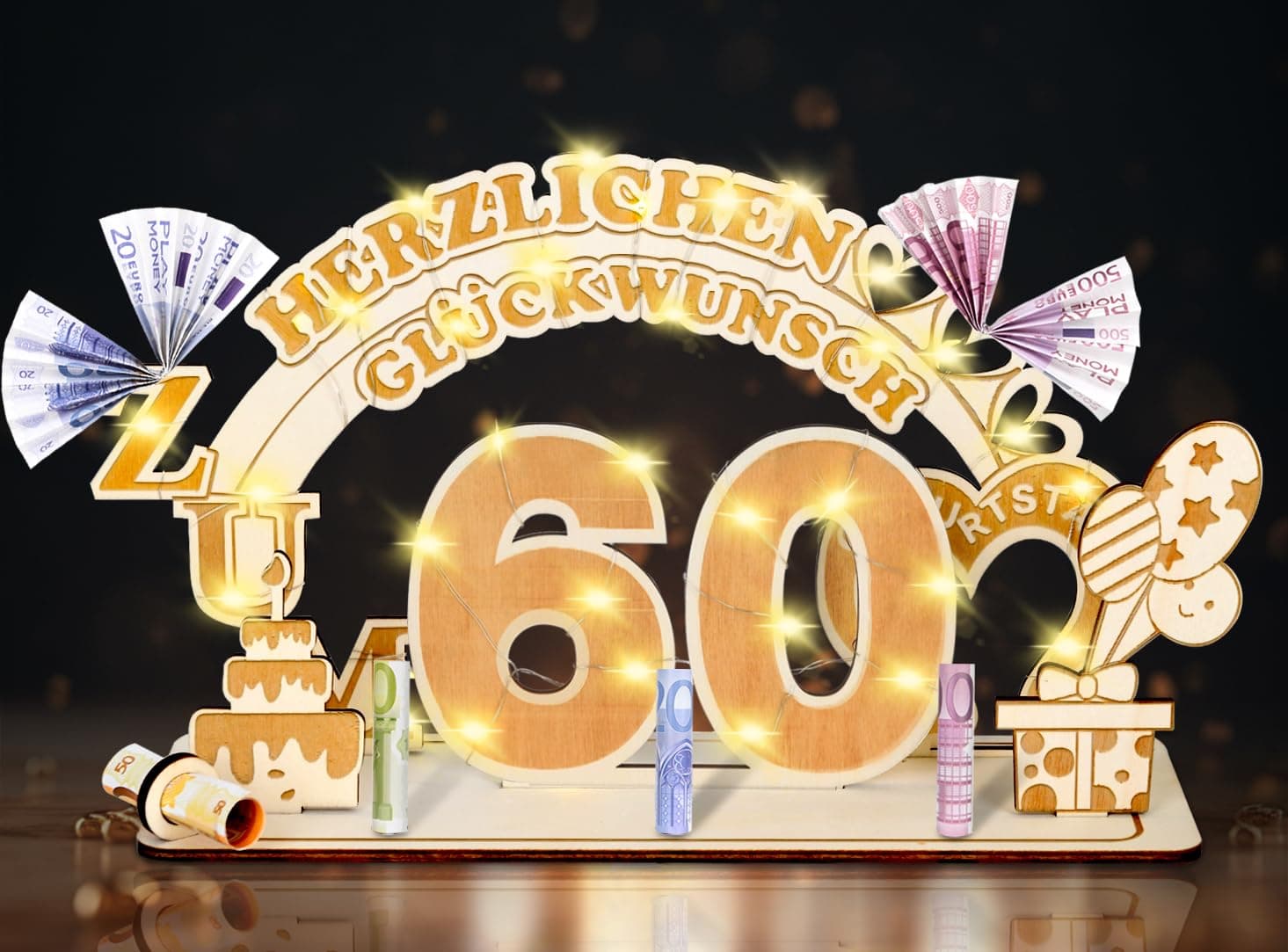 60 Geldgeschenke Geburtstag für Frau Mann,60 Geburtstag Geschenke Frau Mann,60 Geburtstag Geldgeschenke Verpackung für Männer Frauen,Holz Gästebuch mit LED Personalisierbares 60. Geburtstag Tischdeko 60 Jahre