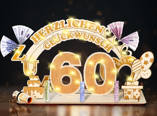 60 Geldgeschenke Geburtstag für Frau Mann,60 Geburtstag Geschenke Frau Mann,60 Geburtstag Geldgeschenke Verpackung für Männer Frauen,Holz Gästebuch mit LED Personalisierbares 60. Geburtstag Tischdeko 60 Jahre