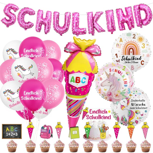 Einschulung Deko Set für Mädchen - Schuleinführung Schulanfang mit Schulkind Folienballon Banner, Zuckertüte Folienballon, 18 Luftballons und 12 Tortendeko