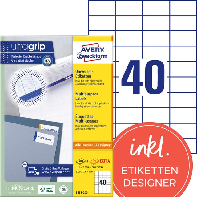 AVERY Zweckform 3651-200 Universal Etiketten (8.000 plus 800 Klebeetiketten extra, 52,5x29,7mm auf A4, Papier matt, individuell bedruckbar, selbstklebende Aufkleber mit ultragrip) 220 Blatt, weiß 52,5x29,7mm 220 Blatt