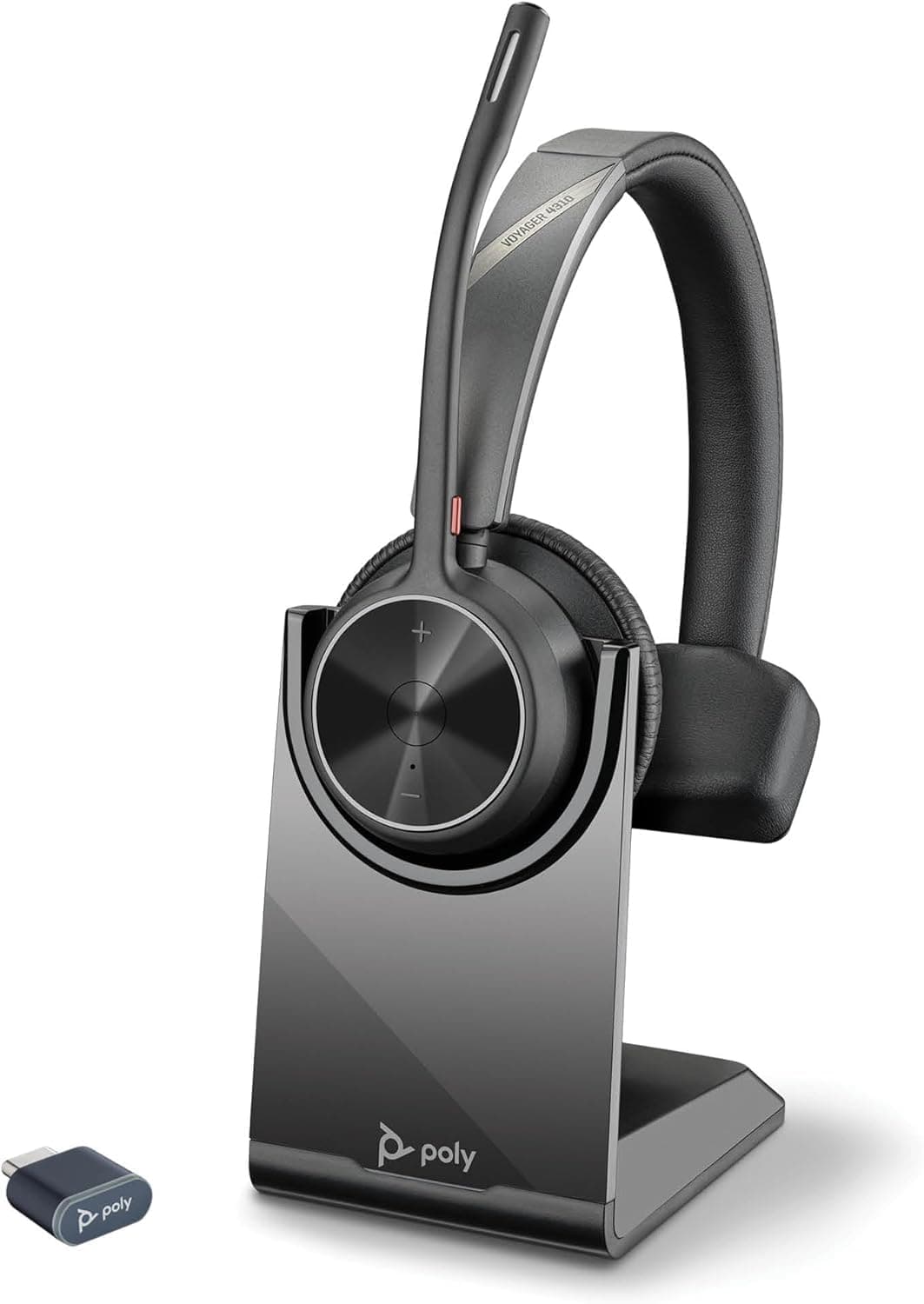 Poly Voyager 4310, schnurloses UC-Headset und Ladestation – Ein-Ohr-Bluetooth-Headset mit Noise Cancelling-Mikrofonarm – Verbindung mit PC/Mac/Mobiltelefon – Kompatibel mit Teams, Zoom und mehr 2024 Version (USB-C & USB-A) Single