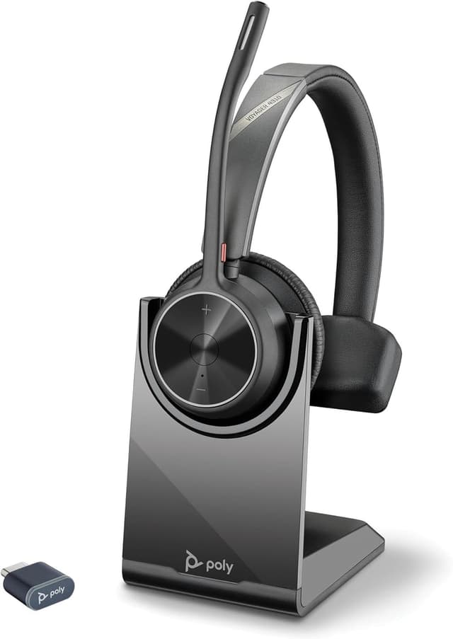 Poly Voyager 4310, schnurloses UC-Headset und Ladestation – Ein-Ohr-Bluetooth-Headset mit Noise Cancelling-Mikrofonarm – Verbindung mit PC/Mac/Mobiltelefon – Kompatibel mit Teams, Zoom und mehr 2024 Version (USB-C & USB-A) Single