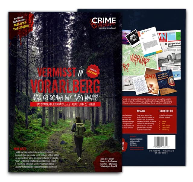 JAWAonline Crime Makers Detektiv Spiel - Rätselbuch Vermisst in Vorarlberg - Escape Room - Spannendes Rätselspiel - Gesellschaftsspiel für Erwachsene und Kinder - Tatort Krimi