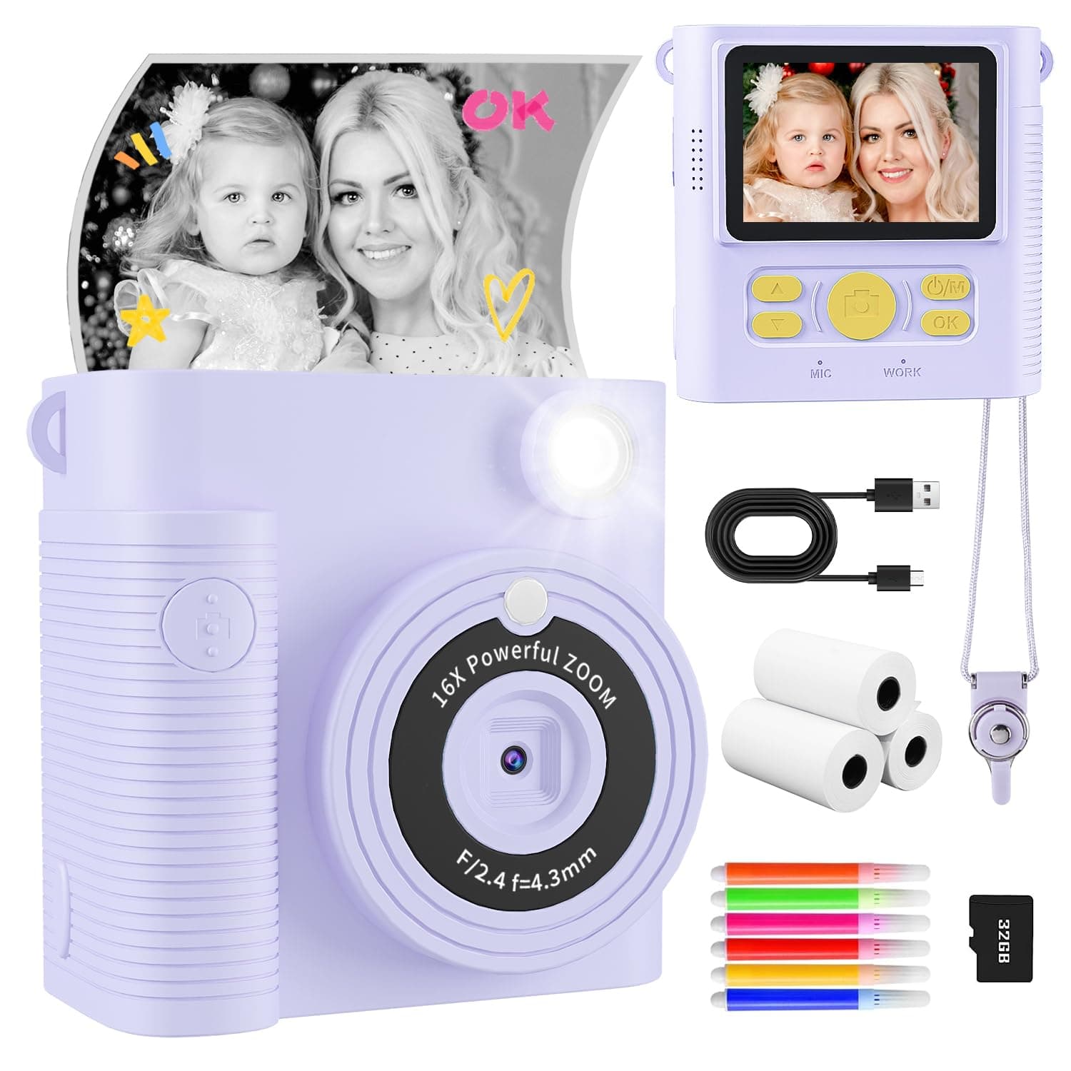 CKATE Kinderkamera Sofortbildkamera, 2.4 Zoll Bildschirm Kinder Kamera mit 2 Shutters, 32G SD Karte & Druckpapier, 1080P Sofortbildkamera Kinder, Geschenke für Mädchen und Jungen 3-12 Jahre - Lila purple