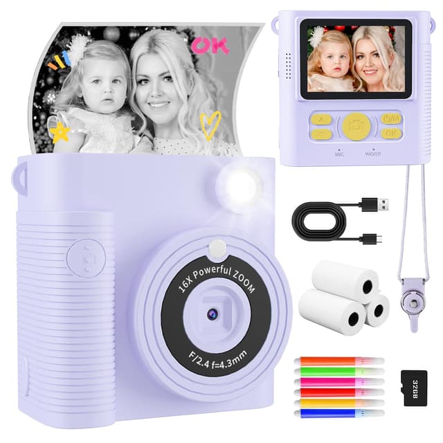 CKATE Kinderkamera Sofortbildkamera, 2.4 Zoll Bildschirm Kinder Kamera mit 2 Shutters, 32G SD Karte & Druckpapier, 1080P Sofortbildkamera Kinder, Geschenke für Mädchen und Jungen 3-12 Jahre - Lila purple