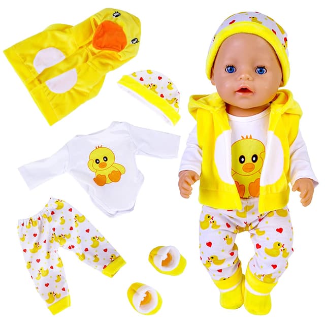 Puppenkleidung für Baby Puppen, Kleidung kompatibel mit 35-43 cm New Born Baby Puppen, Enthält Hut, Socken, Lange Ärmel, Hose und Weste, niedliche gelbe Enten aus Baumwolle für Jungen und Mädchen