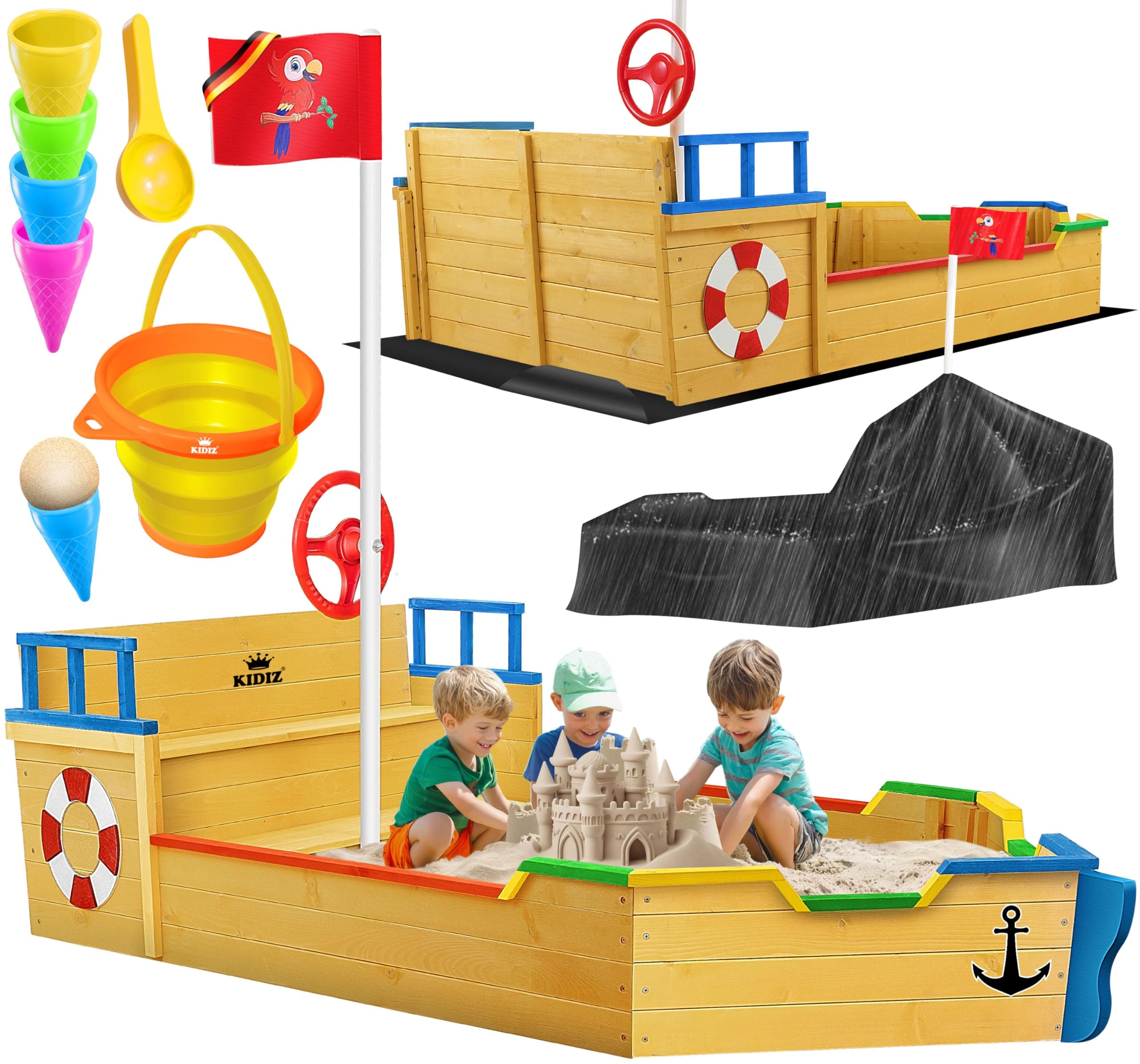 KIDIZ® Sandkasten AHOI - Piratenschiff Boot Segelschiff aus Holz Inkl. Abdeckung, Bodenplane, Sitzbank, Flaggenmast, Spielzeuge | Große Kinder Sandkiste für den Garten | Outdoor Sandbox Bunt Mehrfarbig