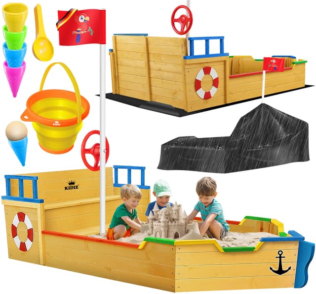 KIDIZ® Sandkasten AHOI - Piratenschiff Boot Segelschiff aus Holz Inkl. Abdeckung, Bodenplane, Sitzbank, Flaggenmast, Spielzeuge | Große Kinder Sandkiste für den Garten | Outdoor Sandbox Bunt Mehrfarbig