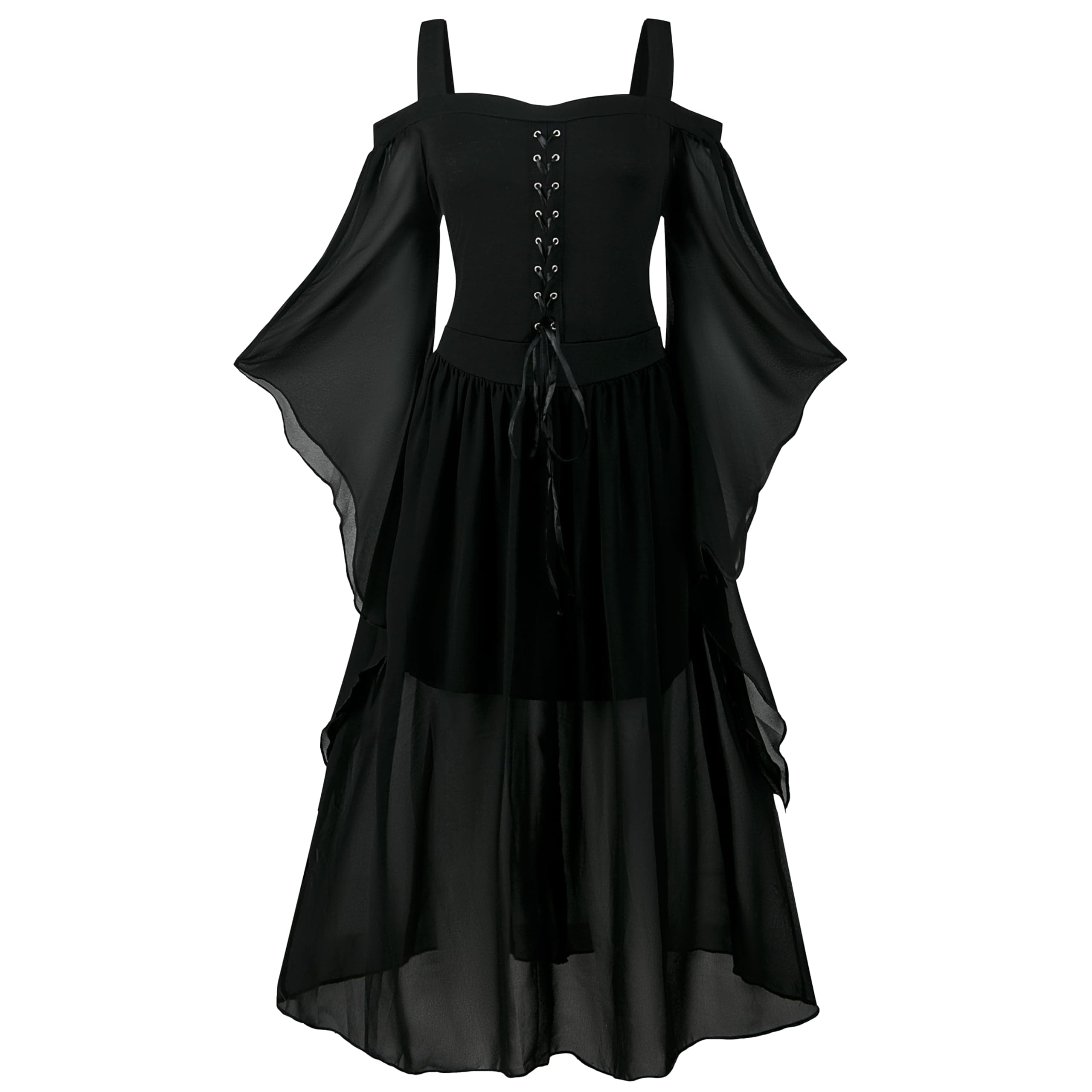 CNVAUIE Renaissance Kostüm Frauen Mittelalterliches Kleid mit Trompetenärmel Gotisch Maxikleid Karneval Halloween Party 3XL Schwarz