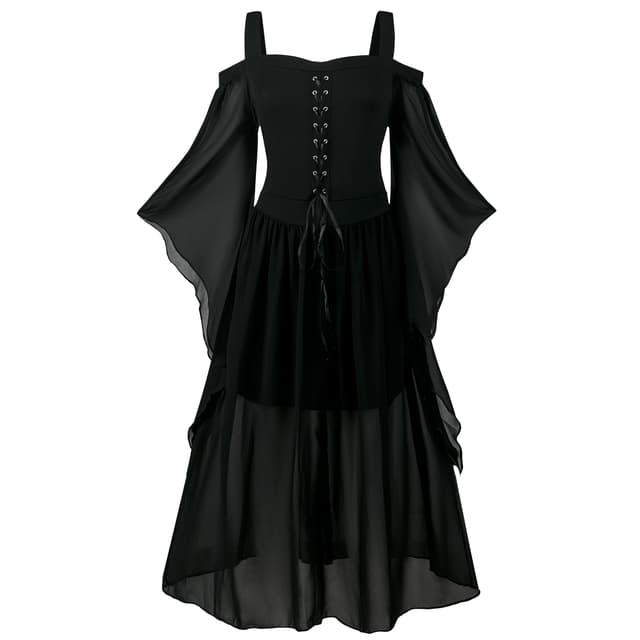 CNVAUIE Renaissance Kostüm Frauen Mittelalterliches Kleid mit Trompetenärmel Gotisch Maxikleid Karneval Halloween Party 3XL Schwarz