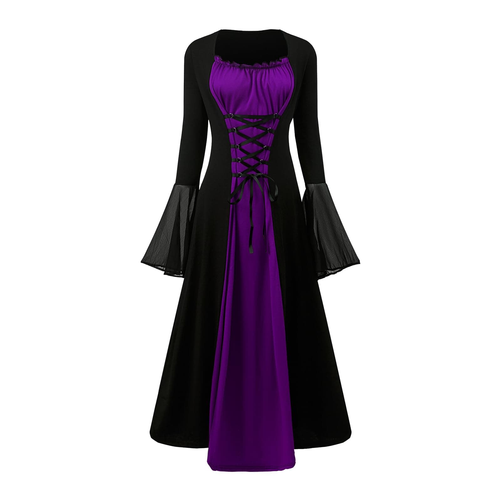 YRTBGD Renaissance Kostüm Frauen Mittelalterliches Kleid mit Trompetenärmel Gothic Kleid Damen Mittelalter Kleidung Damen für Halloween Karneval (Schwarze Lila, XL) XL Schwarze Lila