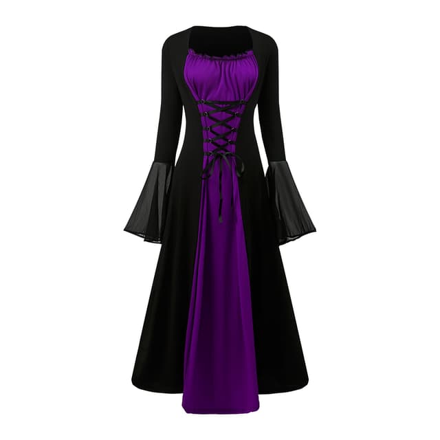 YRTBGD Renaissance Kostüm Frauen Mittelalterliches Kleid mit Trompetenärmel Gothic Kleid Damen Mittelalter Kleidung Damen für Halloween Karneval (Schwarze Lila, XL) XL Schwarze Lila
