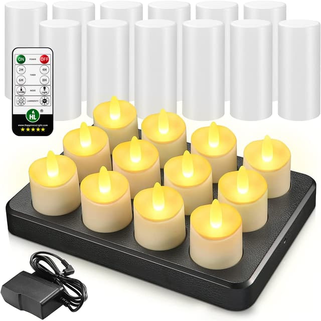 HL Wiederaufladbare LED Kerzen, 100 Stunden Akku Teelichter Wasserdichte Kerze mit Magnetisches Ladestation und Timer für Außenbereich Tisch Party SPA-Badezimmer Heimdekoration,12 Stück,Warmweiß Warmweiß 12 Stück
